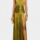 Vestido Halter Metálico Emma con Espalda Abierta y Alta Abertura