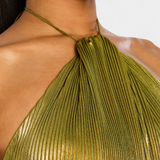 Vestido Halter Metálico Emma con Espalda Abierta y Alta Abertura