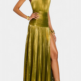 Vestido Halter Metálico Emma con Espalda Abierta y Alta Abertura