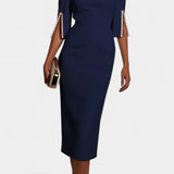 Vestido Midi Reece con Perlas y Cuello Redondo