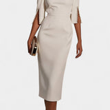 Vestido Midi Reece con Perlas y Cuello Redondo