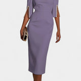 Vestido Midi Reece con Perlas y Cuello Redondo