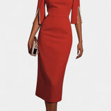 Vestido Midi Reece con Perlas y Cuello Redondo