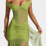 Vestido de Seda de Leche Therese Largo con Escote Profundo y Ruching Esculpido