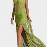 Vestido de Seda de Leche Therese Largo con Escote Profundo y Ruching Esculpido