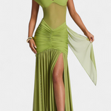 Vestido de Seda de Leche Therese Largo con Escote Profundo y Ruching Esculpido